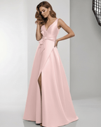 Seraphine Maxi Dress - Pink Satin A-Line Maxi Dress with Wrap Slit and Bow Waist by Lauven, exuding elegance and sophistication.