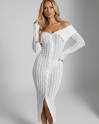 Seraphine Midi Dress: White off shoulder midi dress with long sleeves, bodycon fit, refined elegance by Lauven.