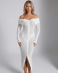 Seraphine Midi Dress - White off shoulder bodycon midi dress by Lauven, featuring long sleeves and a chic, elegant design.