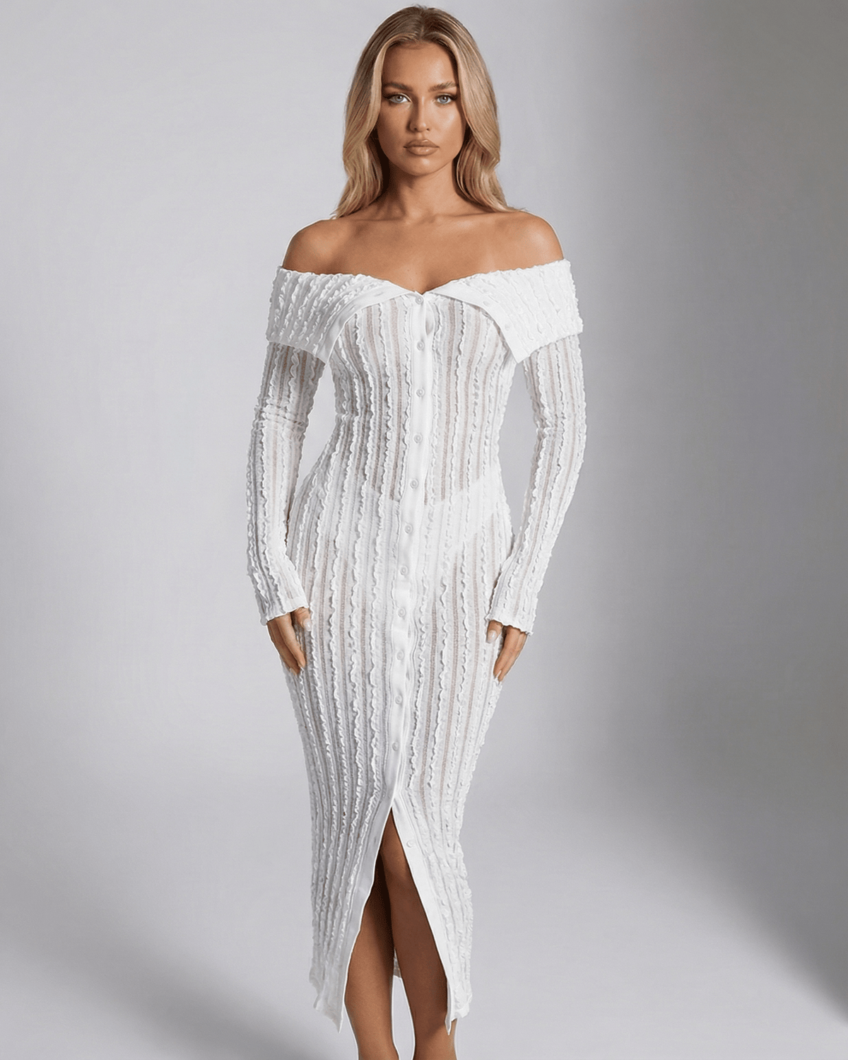 Seraphine Midi Dress - White off shoulder bodycon midi dress by Lauven, featuring long sleeves and a chic, elegant design.