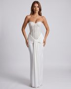 Serelisse Maxi Dress featuring off-the-shoulder design, structured corset bodice, and fluid skirt by Lauven