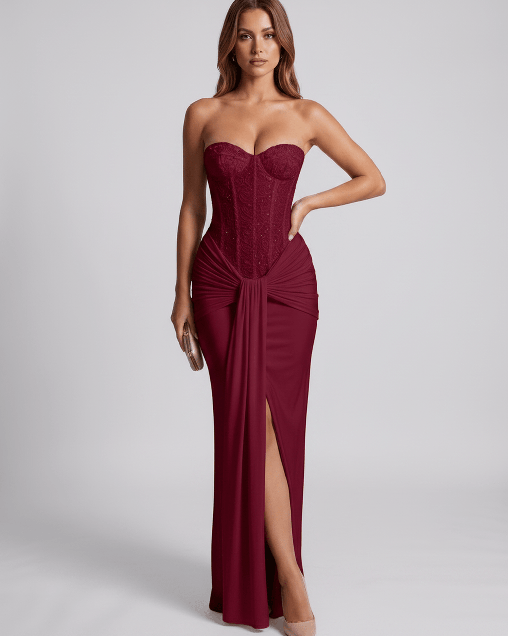 Serelisse Maxi Dress in burgundy, off-the-shoulder, corset bodice, sleek fit, Lauven brand, elegant design.