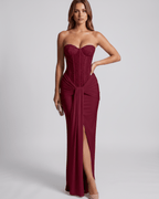 Serelisse Maxi Dress in burgundy, off-the-shoulder, corset bodice, sleek fit, Lauven brand, elegant design.