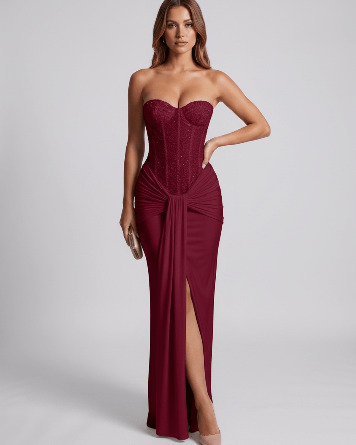 Serelisse Maxi Dress in burgundy, off-the-shoulder, corset bodice, sleek fit, Lauven brand, elegant design.