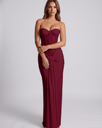 Serelisse Maxi Dress in burgundy, featuring off-the-shoulder design, structured bodice, and soft stretch fabric by Lauven.