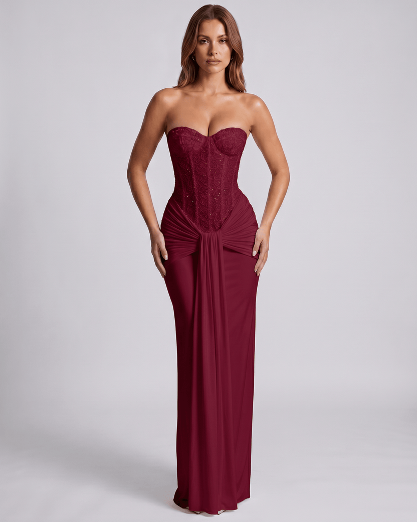 Serelisse Maxi Dress featuring off-the-shoulder design, corset bodice, and lace-textured detail by Lauven.