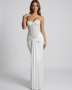 Serelisse Maxi Dress, off-the-shoulder, structured bodice, smooth polyester-spandex blend, Lauven brand.