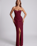 Serelisse Maxi Dress in burgundy, off-the-shoulder, structured corset bodice, flowing skirt by Lauven.