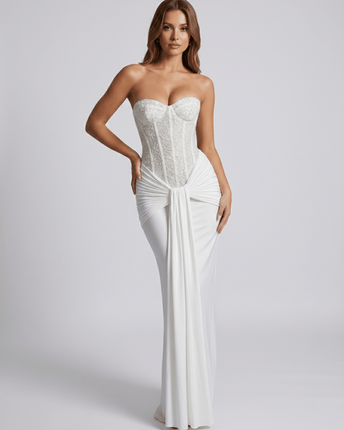 Serelisse Maxi Dress featuring a structured corset bodice, off-the-shoulder design, and soft stretch finish by Lauven.