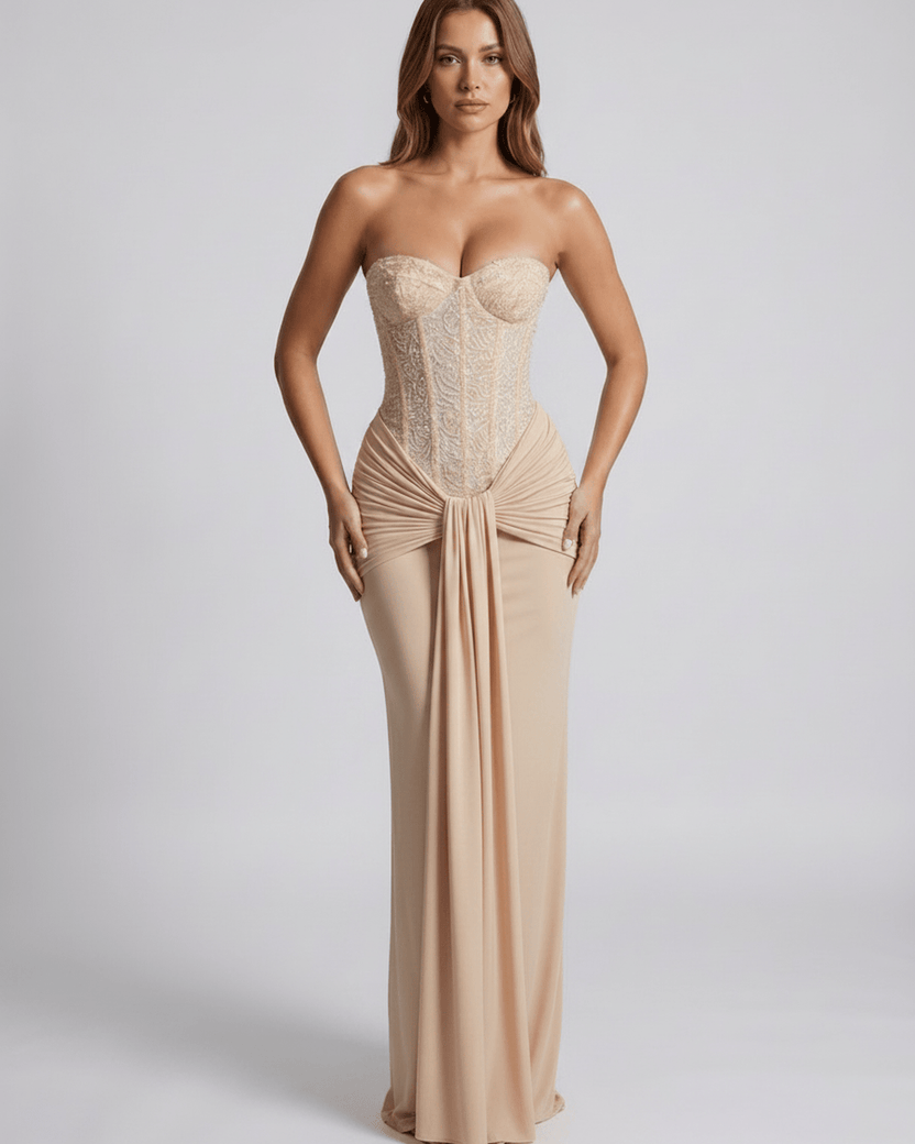 Serelisse Maxi Dress featuring a structured corset bodice and full-length skirt, designed by Lauven.