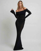 Seren Maxi Dress by Lauven, black off-shoulder slim fit formal maxi dress with long sleeves.