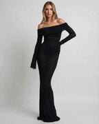 Seren Maxi Dress by Lauven, black off-shoulder slim fit formal long dress with elegant pencil silhouette.