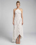 Seren Maxi Dress by Lauven, ivory pleated halter gown with ruffle accents and high-low silhouette.
