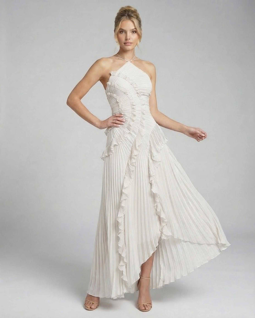 Seren Maxi Dress by Lauven in classic ivory with pleated fabric and halter neckline, showcasing graceful ruffle accents.