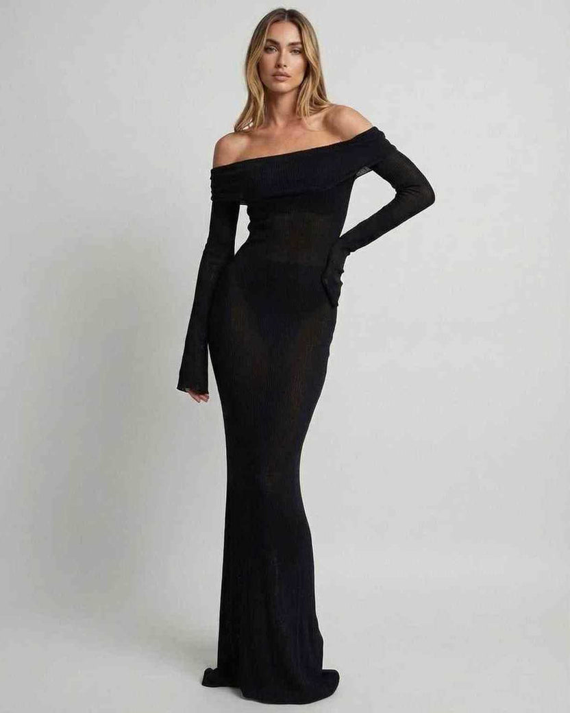 Seren Maxi Dress by Lauven - Black Off-Shoulder Slim Fit Formal Maxi Dress, ankle-length elegant silhouette.