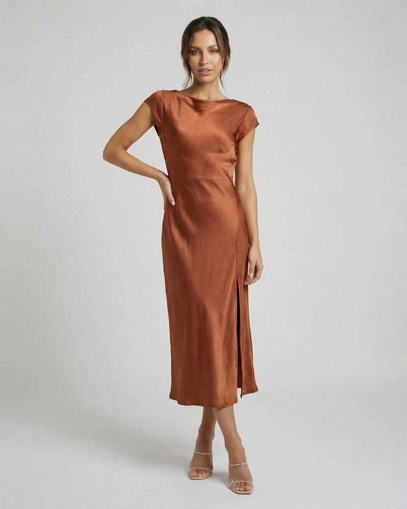 Seren Midi Dress by Lauven - Elegant satin dress with twisted-back and cutout detail in rich rust.