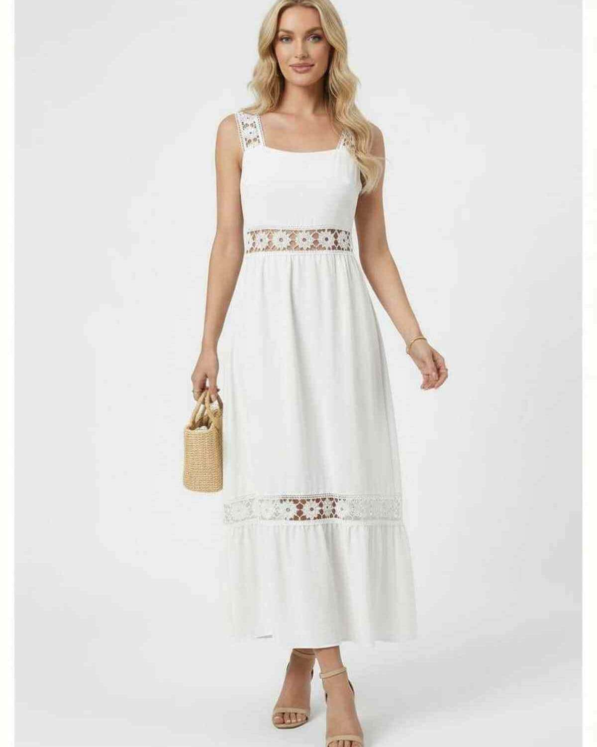 Seren Midi Dress by Lauven featuring delicate lace insets and a classic sleeveless design, perfect for spring and summer events.