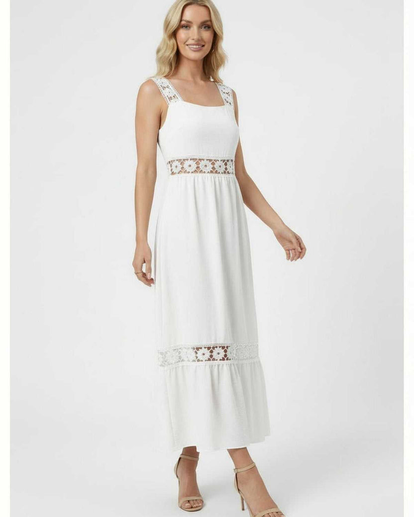 Seren Midi Dress by Lauven, featuring delicate lace insets, perfect for spring and summer events.