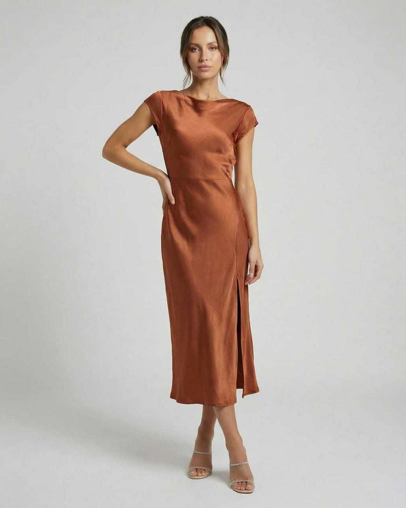Seren Midi Dress - Elegant satin dress with twisted-back and cutout detail in rich rust color by Lauven.
