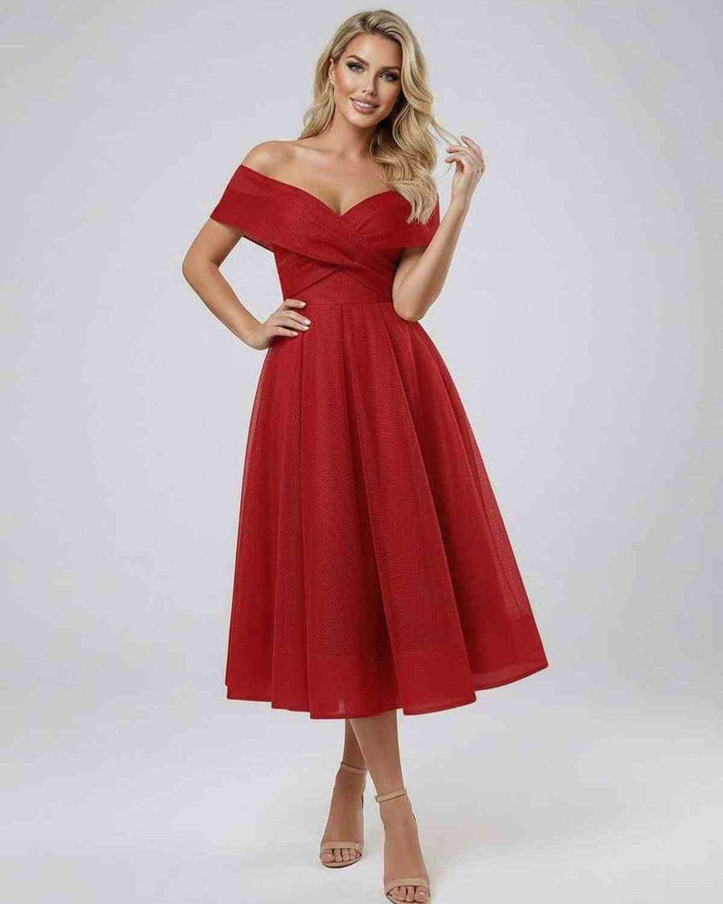 Seren Midi Dress by Lauven - Stunning off-shoulder red dress with flowing midi skirt, perfect for elegant occasions.