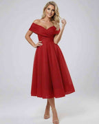 Seren Midi Dress by Lauven - Stunning off-shoulder red dress with flowing midi skirt, perfect for elegant occasions.
