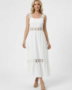Seren Midi Dress by Lauven featuring delicate lace insets for a timeless, elegant look in a modern silhouette.