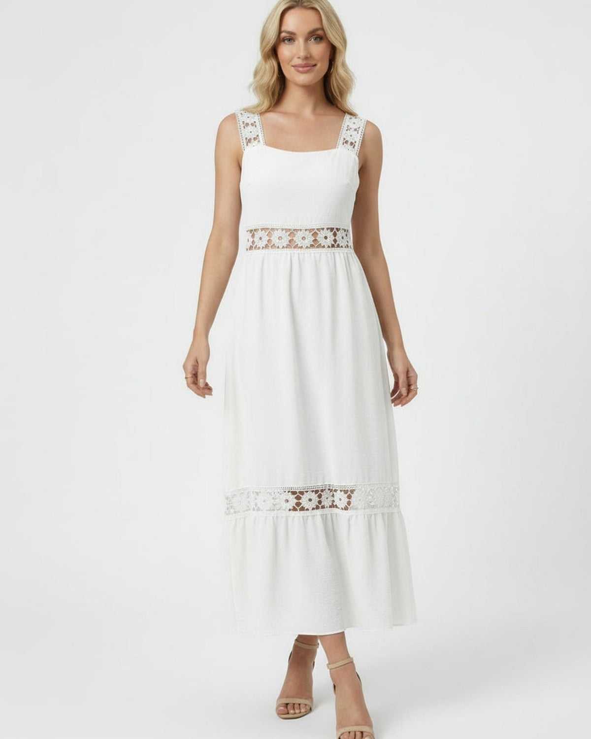 Seren Midi Dress by Lauven featuring delicate lace insets for a timeless, elegant look in a modern silhouette.