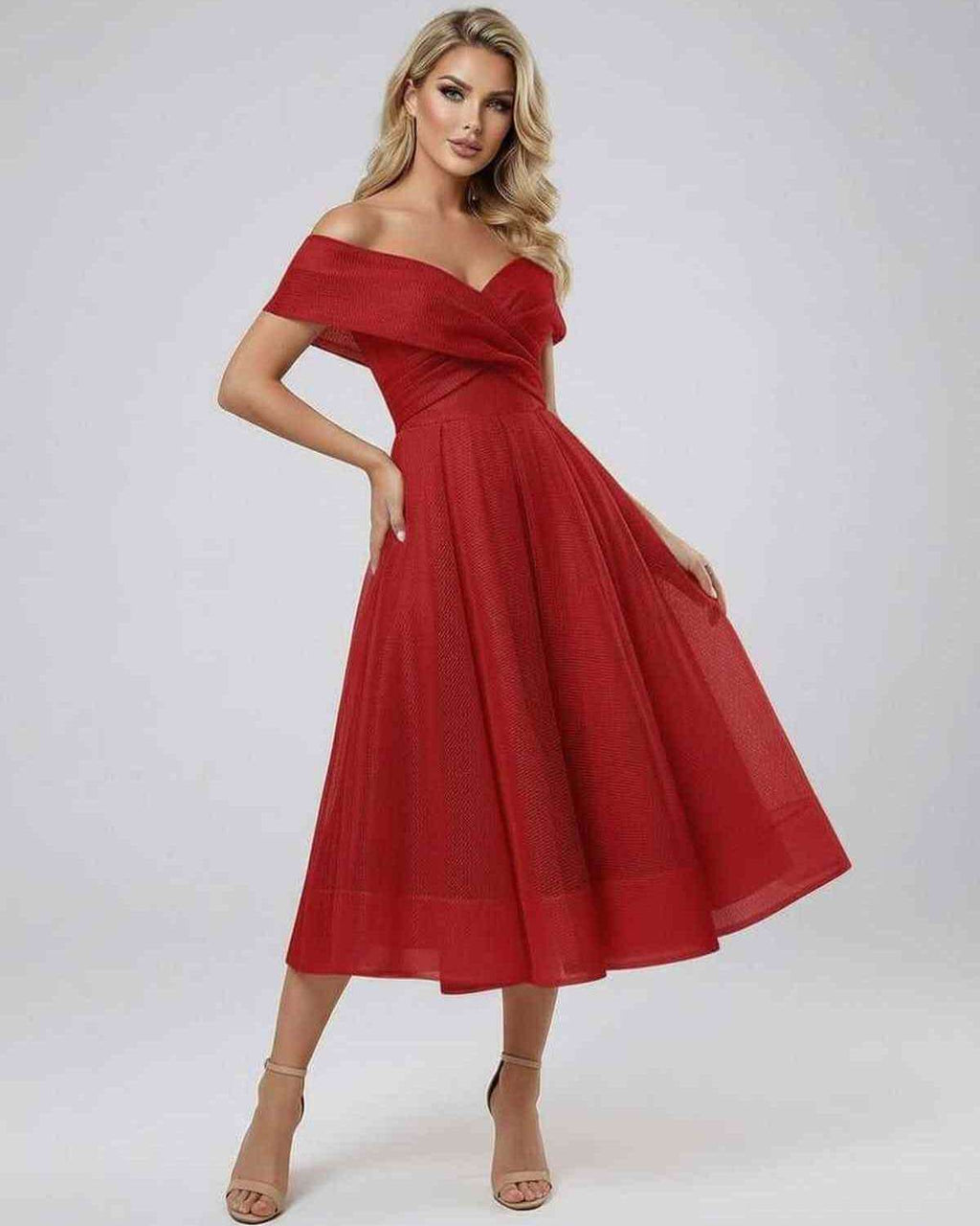 Seren Midi Dress by Lauven - Stunning off-shoulder elegant red dress with flowing skirt.