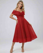 Seren Midi Dress by Lauven - Stunning off-shoulder elegant red dress with flowing skirt.
