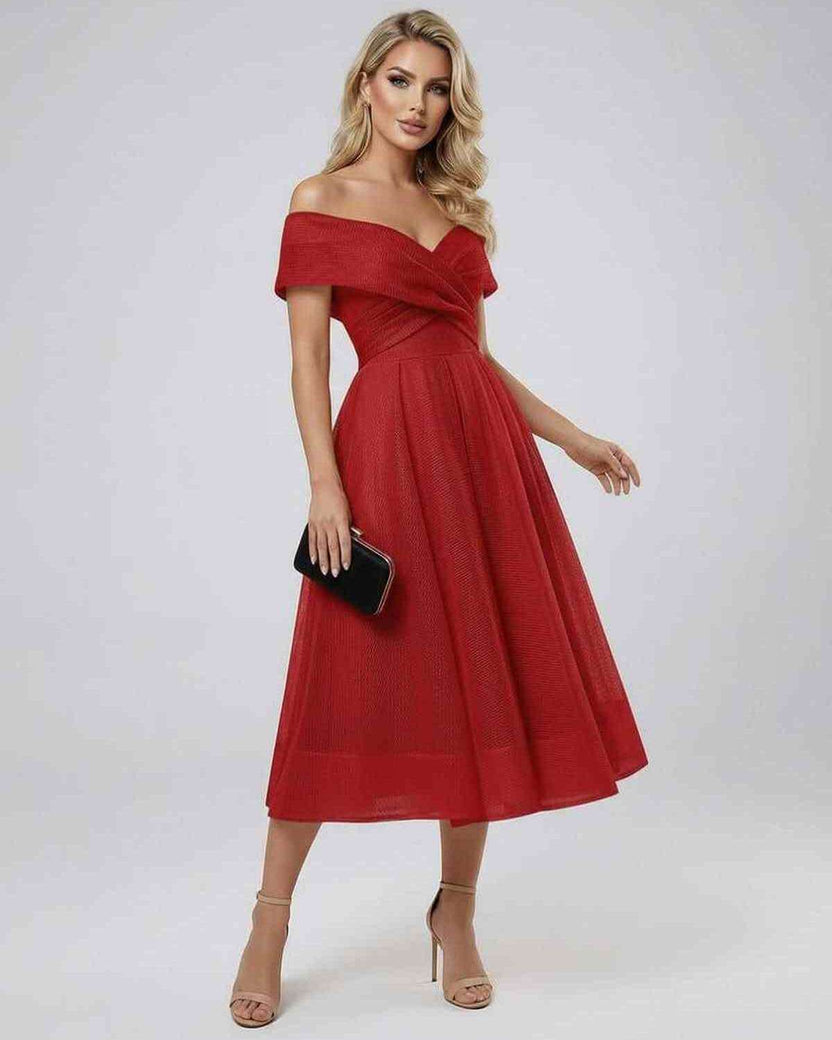 Seren Midi Dress in red by Lauven featuring an elegant off shoulder design and flowing midi skirt.