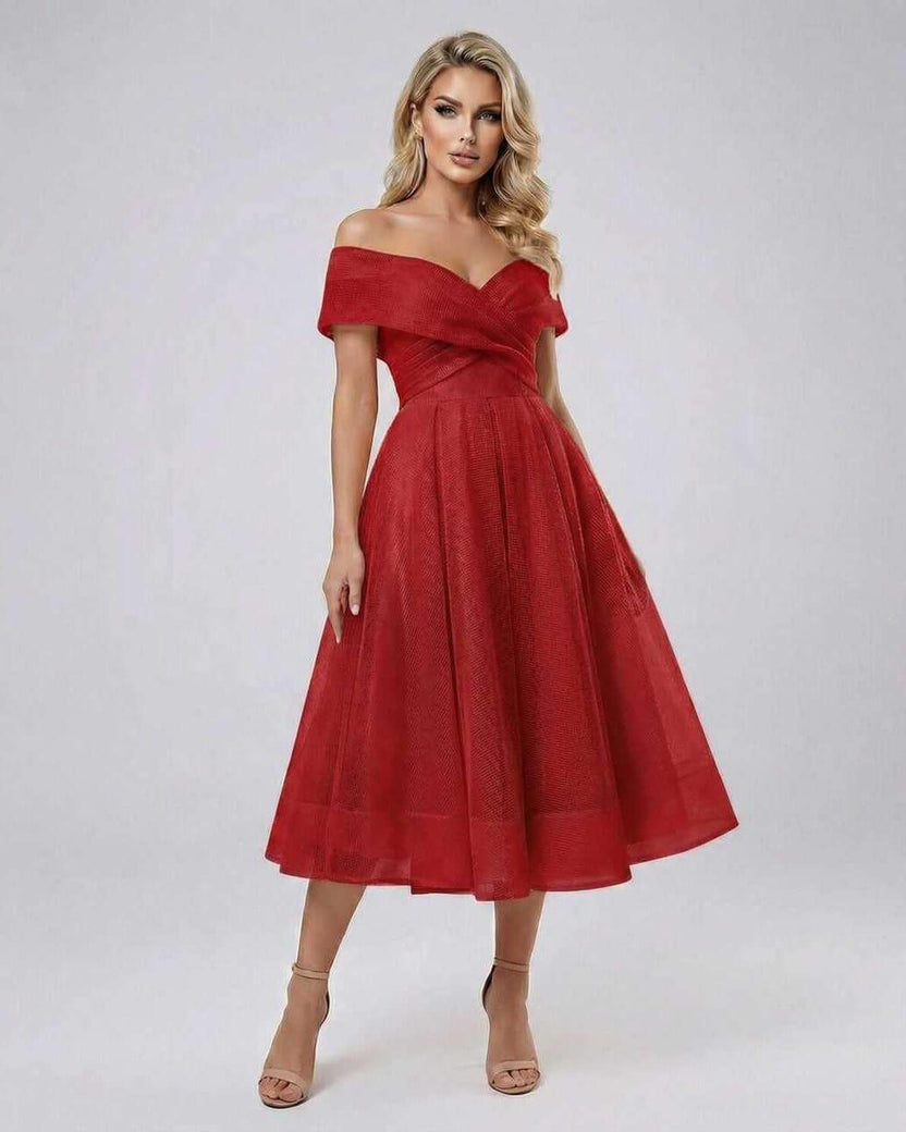 Seren Midi Dress by Lauven - Stunning off shoulder red dress with flowing skirt, perfect for elegant occasions.