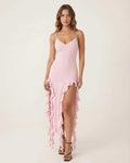 Seren Midi Dress by Lauven in soft pink with flirty ruffle trim and V-neckline, perfect for feminine elegance.