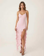 Seren Midi Dress by Lauven in soft pink with flirty ruffle trim and V-neckline, perfect for feminine elegance.
