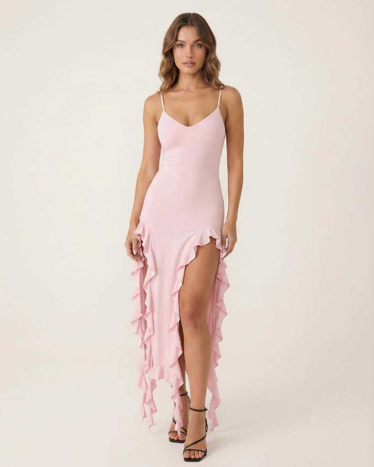 Seren Midi Dress by Lauven in soft pink with flirty ruffle trim and V-neckline, perfect for feminine elegance.