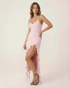 Seren Midi Dress by Lauven in soft pink with flirty ruffle trim and spaghetti straps.
