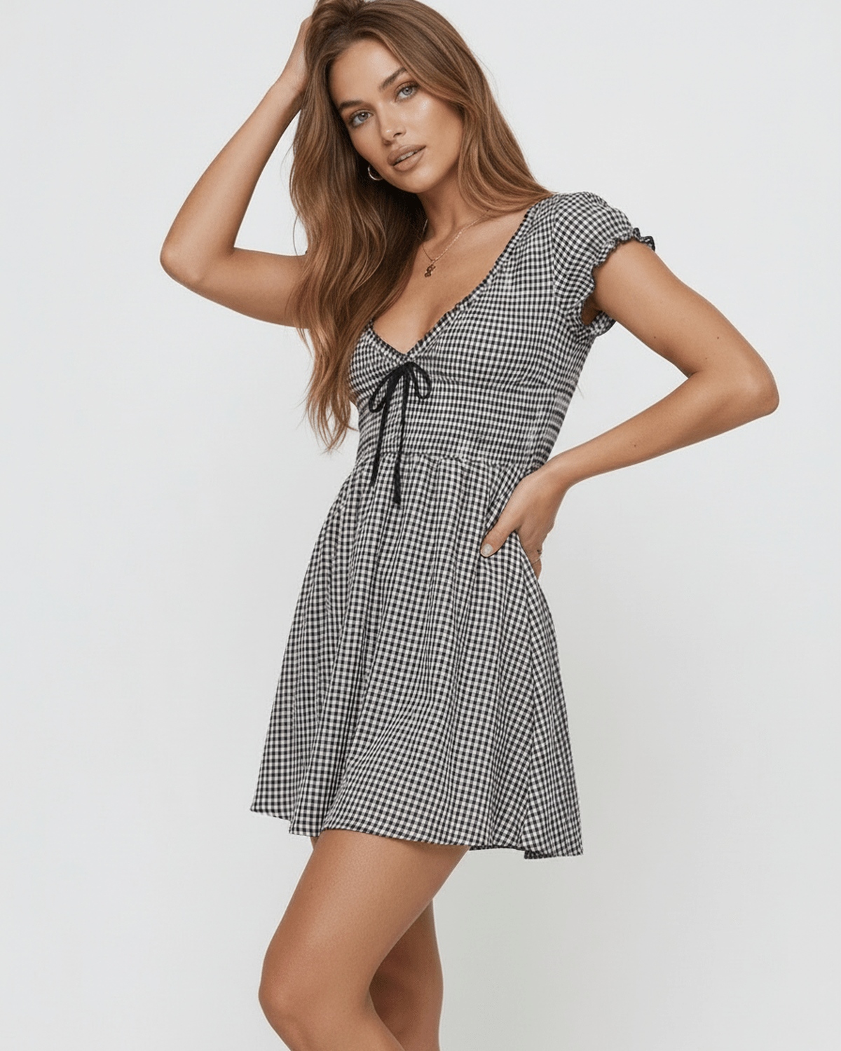 Seren Mini Dress by Lauven featuring elegant gingham check pattern, V-neckline, and empire waist.