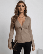Seren Pullover by Lauven - Elegant ribbed slim fit V-neck sweater in taupe, ideal for stylish layering.