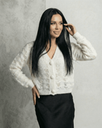 Serena Cardigan by Lauven, a lace knit V-neck button front cardigan, showcasing elegance and light style.
