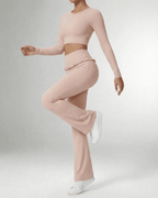 Serena Leggings by Lauven - Elegant flare pants with pockets in a soft pink color.