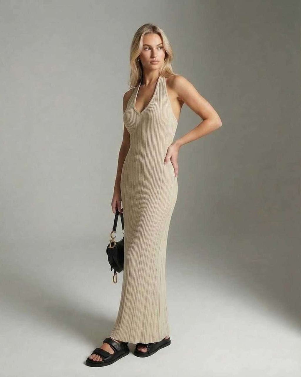 Serena Maxi Dress by Lauven in elegant ribbed knit, sleeveless design, perfect for sophisticated summer styling.