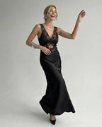 Serena Maxi Dress by Lauven – Elegant black camisole maxi dress with V-neck and spaghetti straps.