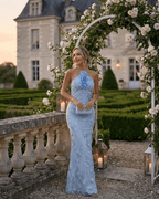 Serena Maxi Dress by Lauven, elegant light blue halter neck design with 3D floral appliqué and foil print detail.