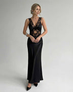 Serena Maxi Dress by Lauven - Elegant black camisole maxi dress with V-neck and spaghetti straps.