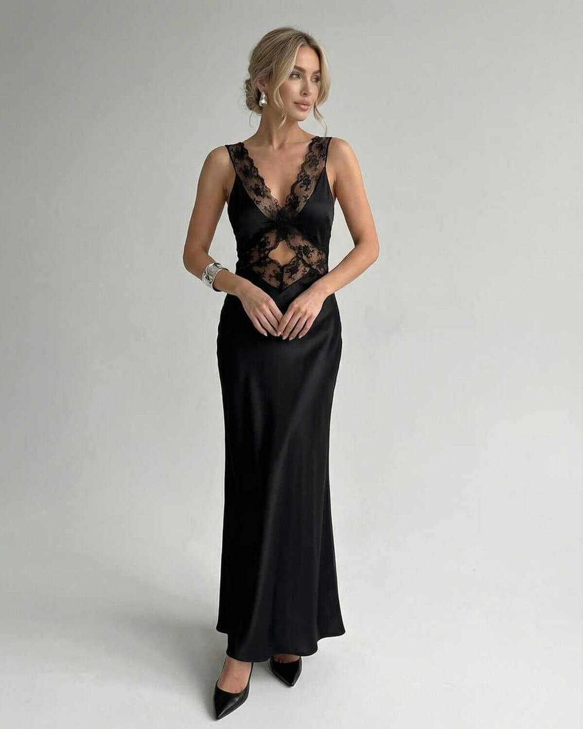 Serena Maxi Dress by Lauven - Elegant black camisole maxi dress with V-neck and spaghetti straps.