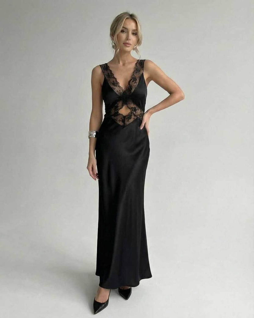 Lauven Serena Maxi Dress featuring a sleek black design with lace detailing, V-neck and elegant silhouette.