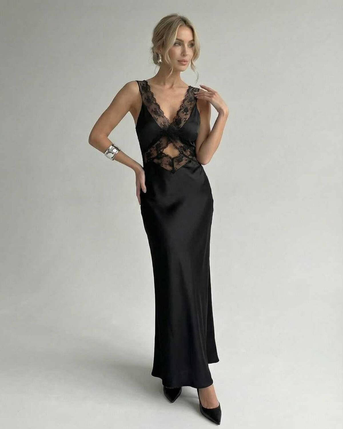 Serena Maxi Dress by Lauven, elegant black V-neck camisole with spaghetti straps and lace detailing.
