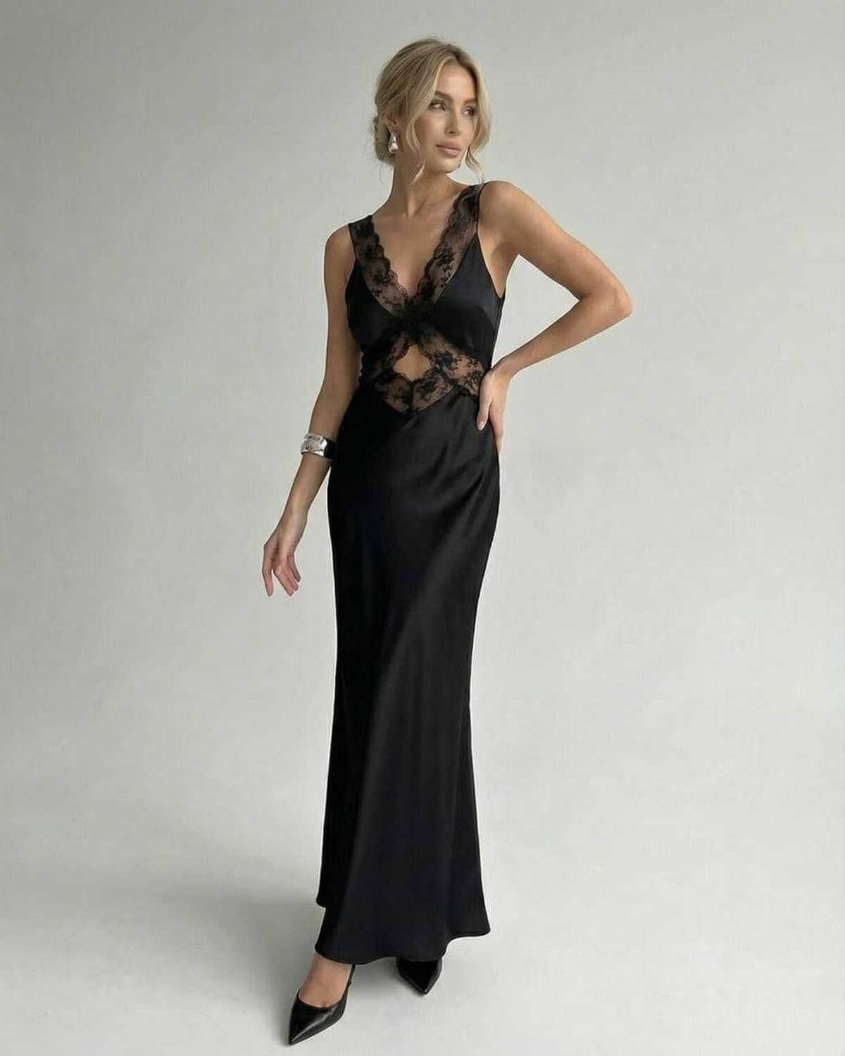 Serena Maxi Dress by Lauven - Elegant black evening dress with lace detail and a flattering silhouette.
