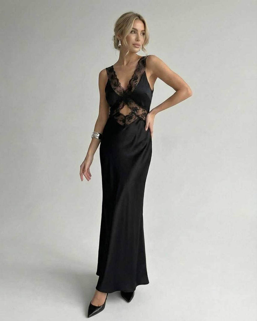 Serena Maxi Dress by Lauven - Elegant black evening dress with lace detail and a flattering silhouette.