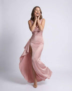 Serena Maxi Dress by Lauven, pink satin sleeveless gown with elegant draping and high slit, perfect for glamorous events.