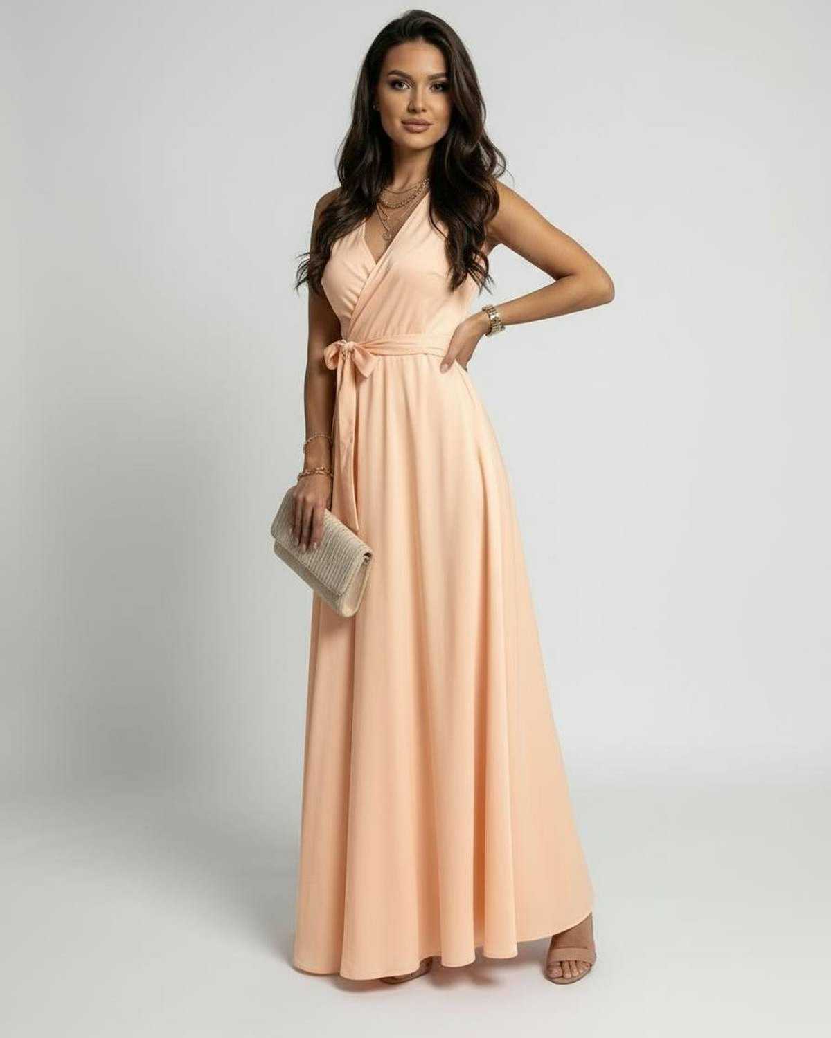 Serena Maxi Dress by Lauven in soft peach with V-neck design and flowing maxi length.